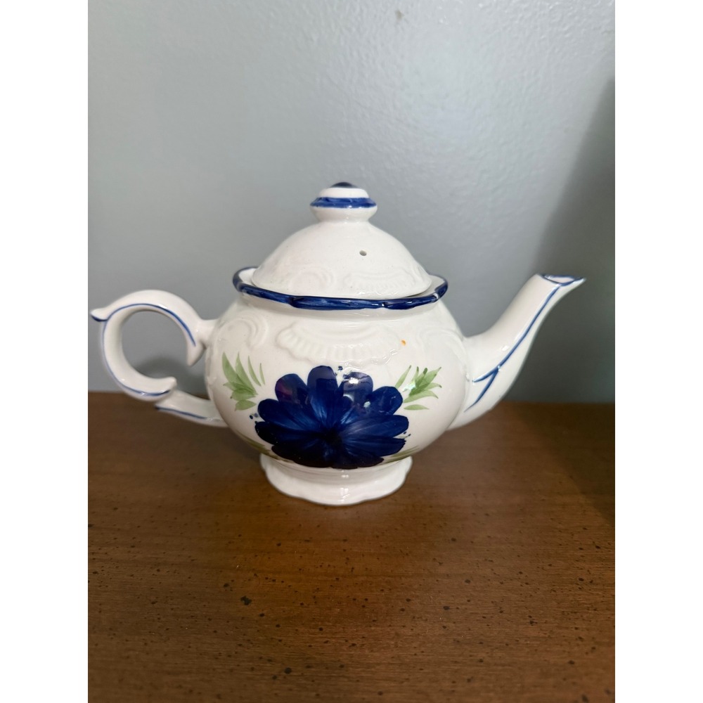 Vintage White Ceramic Teapot Blue Floral Hand Painted Cottagecore Tea Pot Lid